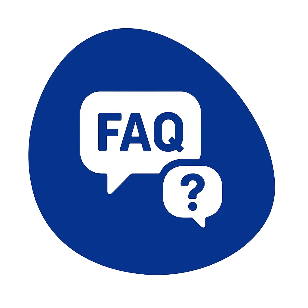 Icône FAQ sur fond bleu asymétrique