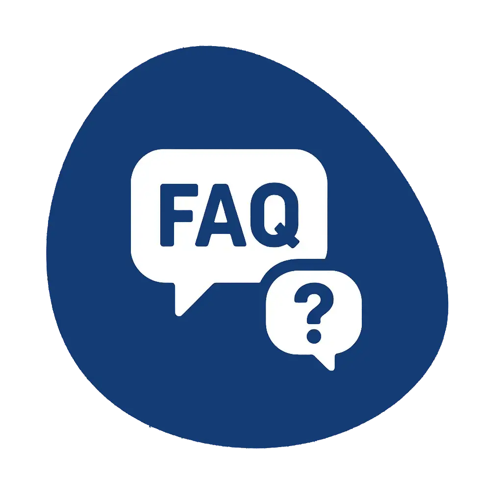 Icône FAQ sur fond bleu asymétrique