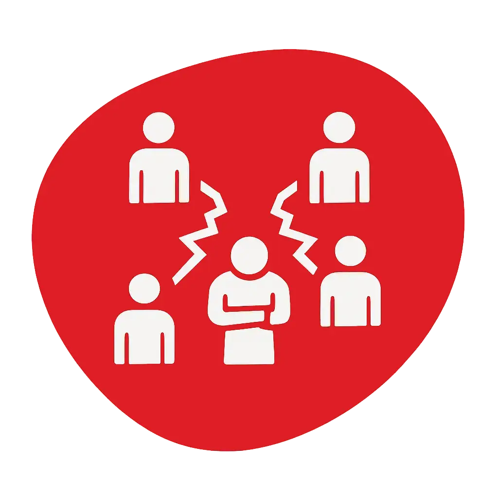 Illustration représentant des collaborateurs isolés, séparés par des lignes brisées, 
                                    sur un fond rouge asymétrique. Symbolise l'éclatement et la perte de lien au sein des équipes.