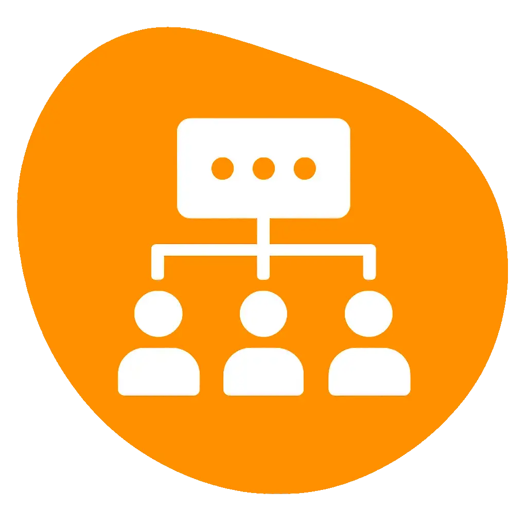 Illustration représentant une hiérarchie claire avec trois figures humaines reliées à une bulle de 
                                    communication, sur un fond orange asymétrique. Évoque l'organisation et la structuration des échanges.
